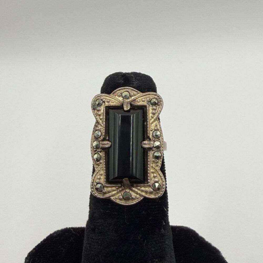 Sterling Silver Black Onyx & Marcasite Ring Size 4.5 Vintage Art Deco Style